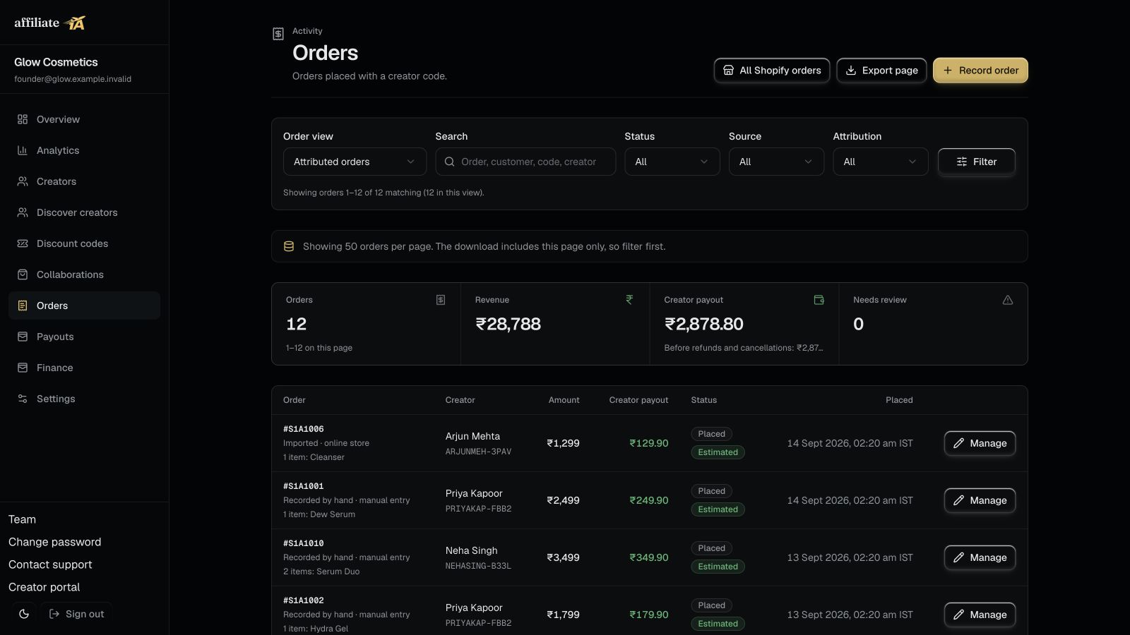 Affiliate1A orders screen showing amounts, net payout, attribution, and order status controls