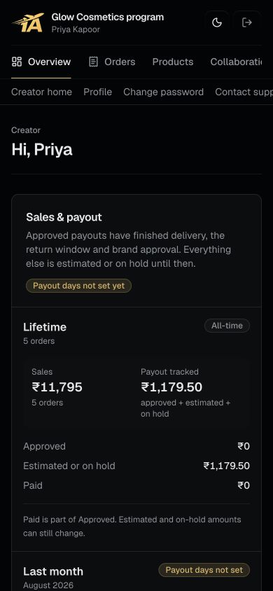 Affiliate1A creator dashboard on a phone showing sales and approved, estimated and paid payouts